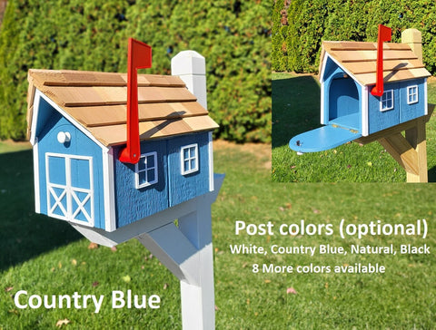 Amish Mailbox Gray - Handmade - Wooden - Barn Style - Gray - With a Tall Prominent Sturdy Flag - With Cedar Shake Shingles Roof