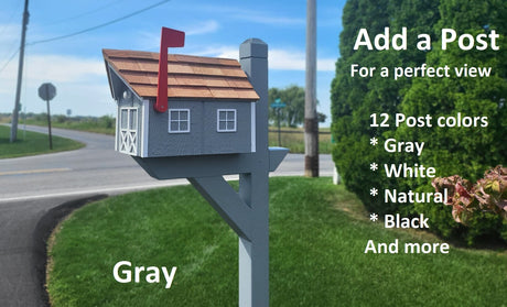 Amish Mailbox Gray - Handmade - Wooden - Barn Style - Gray - With a Tall Prominent Sturdy Flag - With Cedar Shake Shingles Roof - Barn Mailboxes Wood