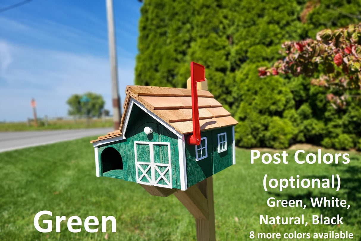 Amish barn Mailbox with Newspaper Holder, Handmade, Wooden Mailbox With Cedar Shake Roof and a Tall Prominent Sturdy Flag