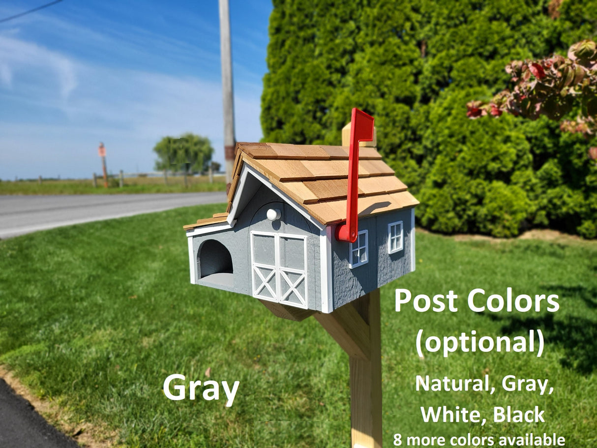 Amish barn Mailbox with Newspaper Holder, Handmade, Wooden Mailbox With Cedar Shake Roof and a Tall Prominent Sturdy Flag