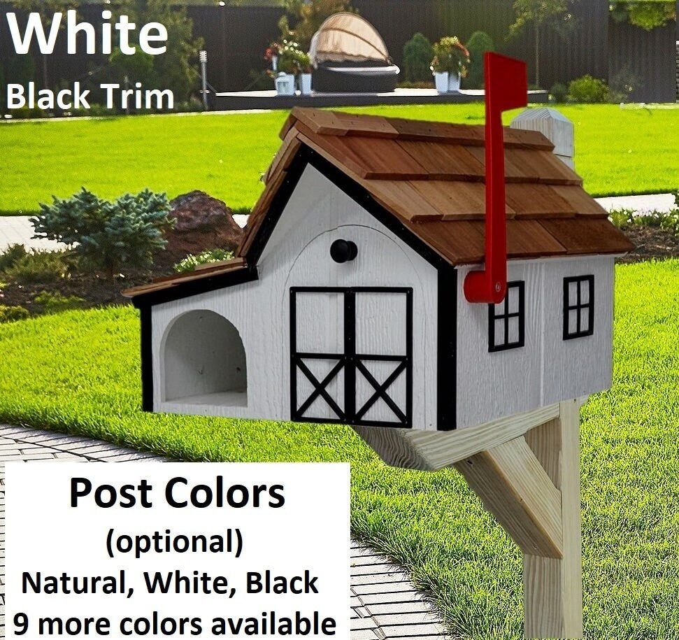 Amish barn Mailbox with Newspaper Holder, Handmade, Wooden Mailbox With Cedar Shake Roof and a Tall Prominent Sturdy Flag