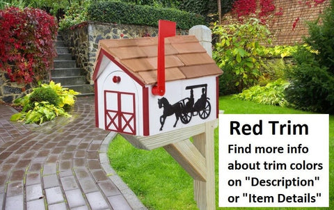 Amish Mailbox Horse and Carriage Design Handmade horse and Buggy Barn Style Wooden Mailbox With Tall Prominent Sturdy Flag and Cedar Roof