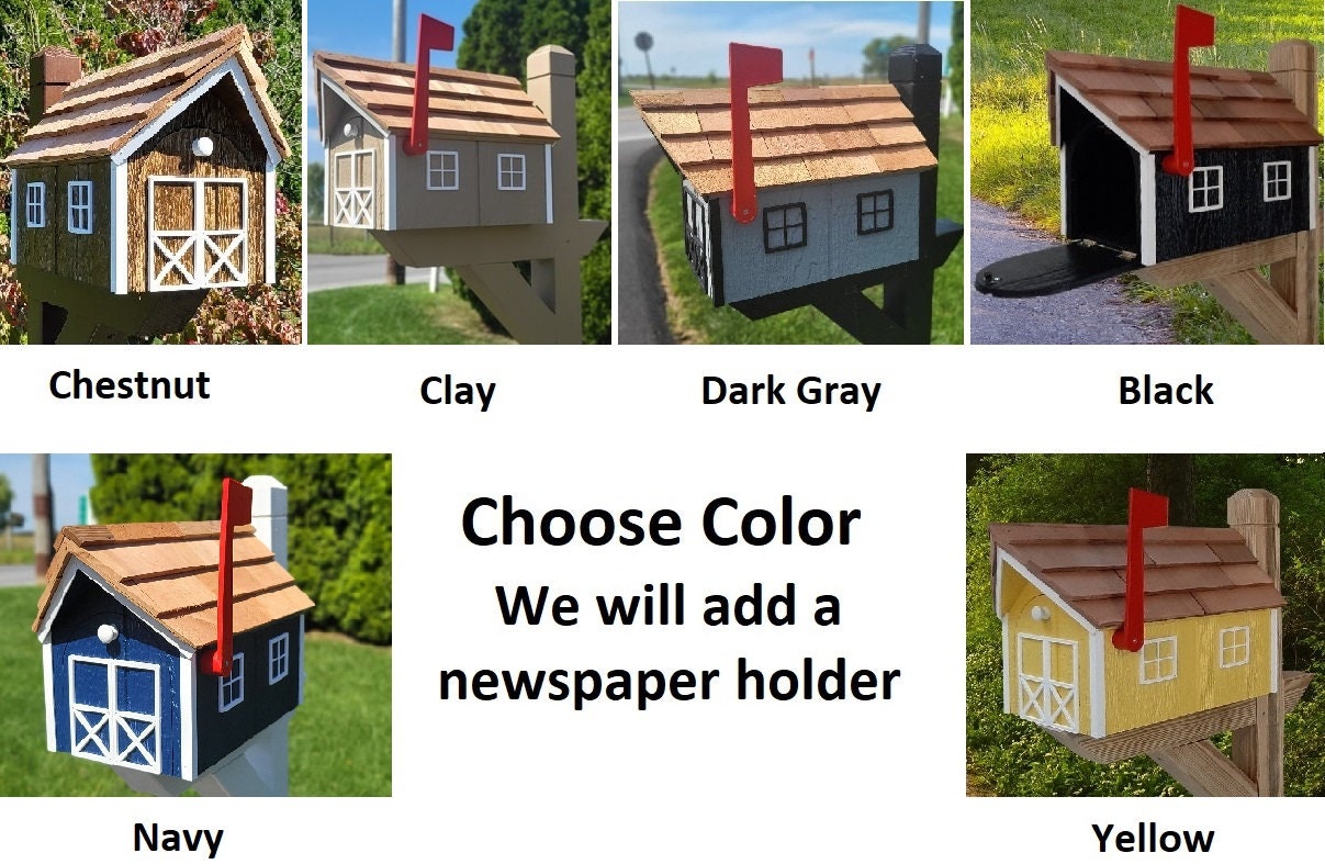 Amish barn Mailbox with Newspaper Holder, Handmade, Wooden Mailbox With Cedar Shake Roof and a Tall Prominent Sturdy Flag