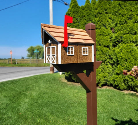 Amish Chestnut Mailbox - Handmade - Barn Style - Wooden - With a Tall Prominent Sturdy Flag - With Cedar Shake Shingles Roof