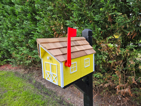 Amish Mailbox Yellow - Handmade - Wooden - Barn Style - With a Tall Prominent Sturdy Flag - With Cedar Shake Shingles Roof