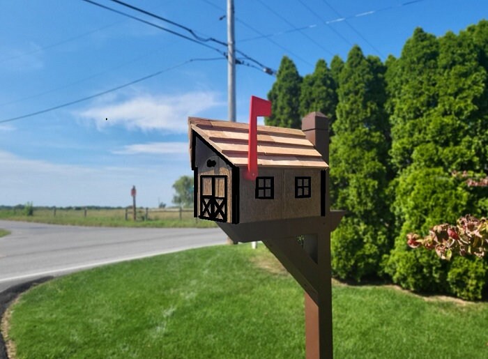 Amish Chestnut Mailbox - Handmade - Barn Style - Wooden - With a Tall Prominent Sturdy Flag - With Cedar Shake Shingles Roof - Barn Mailboxes Wood