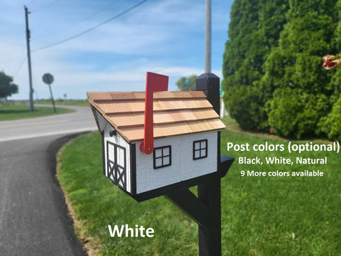 Amish Chestnut Mailbox - Handmade - Barn Style - Wooden - With a Tall Prominent Sturdy Flag - With Cedar Shake Shingles Roof