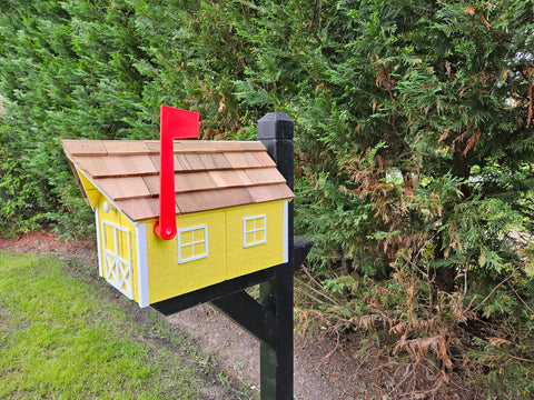 Amish Mailbox Yellow - Handmade - Wooden - Barn Style - With a Tall Prominent Sturdy Flag - With Cedar Shake Shingles Roof