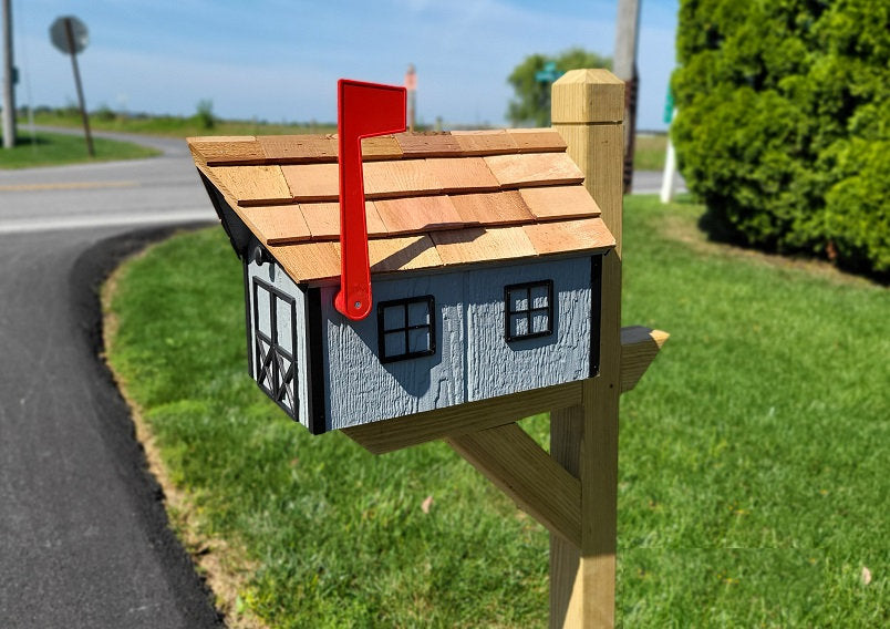 Dark Gray Mailbox - Amish Handmade - Wooden - Barn - Style - With Tall Prominent Sturdy Flag- Cedar Shake Shingles Roof - Mailbox - Outdoor - Barn Mailboxes Wood