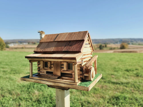 Log Cabin Bird Feeder, Amish Handmade, Waterwheel Decoration, Stone Chimney - Unique Feeders / Houses