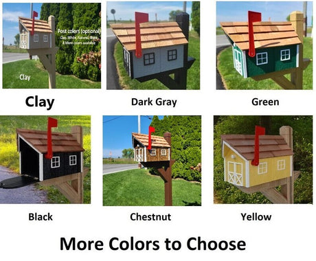 Amish Mailbox - Handmade - Barn Style - Wooden - Tall Prominent Sturdy Flag - Cedar Shake Shingles Roof- Amish Outdoor Mailbox Color Options - Barn Mailboxes Wood