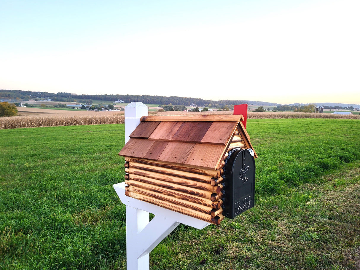 Amish Mailbox - Handmade - Log Cabin Style - Wooden - With Cedar Shake Roof and Metal Box Insert