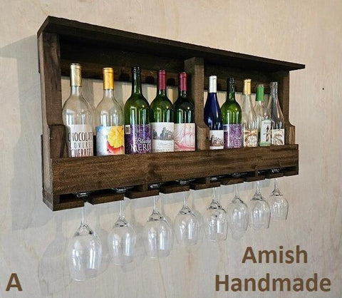 Rustic Wine Rack - Free Shipping - Wall Mounted -  Amish Handmade Wine Holder - Wine Display With Glass Holder - Wooden Bottle Holder - Gift