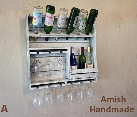 Rustic Wine Shelf - Wall Mounted -  Amish Handmade Wine Holder - Wine Display With Glass Holder - Gifts - Bar Rack- Wooden Bottle Holder