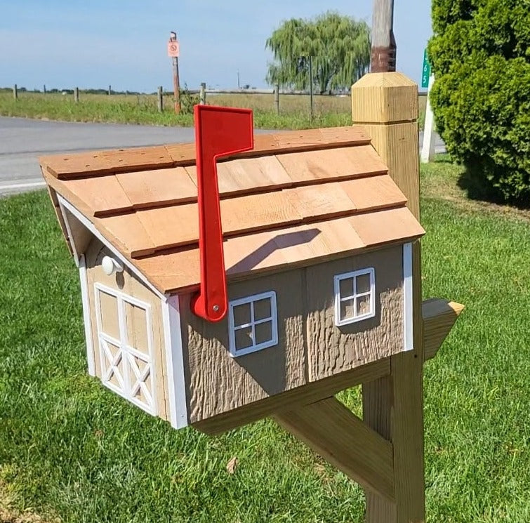Amish Mailbox - Handmade - Wooden - Clay - Barn Style - Mailbox - With Tall Prominent Flag - With Cedar Shake Shingles Roof - Decorative - Barn Mailboxes Wood