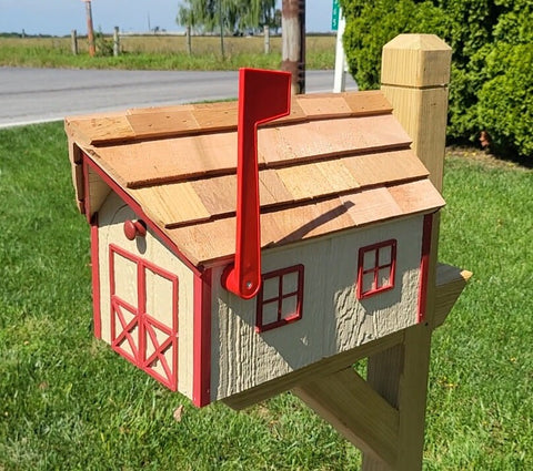 Amish Mailbox - Handmade -  Wooden - Beige - Barn Style - With a Tall Prominent Sturdy Flag - With Cedar Shake Shingles Roof