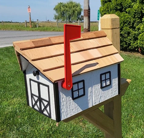 Amish White Mailbox - Handmade - Barn Style - Wooden - Tall Prominent Sturdy Flag - With Cedar Shake Shingles Roof