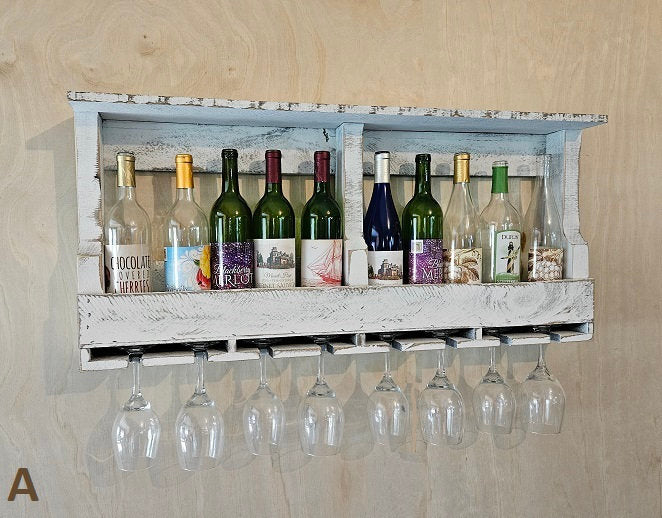 Rustic Wine Rack - Wall Mounted - Amish Handmade Wine Holder - Wine Display With Glass Holder - Gifts - Bar Shelf - Wooden Bottle Holder