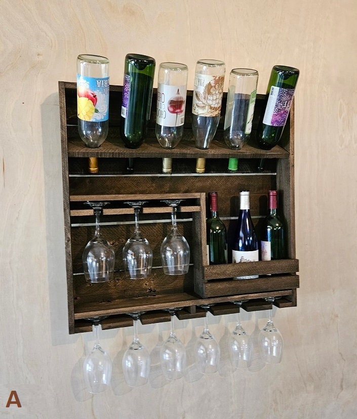 Rustic Wine Shelf - Wall Mounted - Amish Handmade Wine Holder - Wine Display With Glass Holder - Gifts - Bar Rack- Wooden Bottle Holder