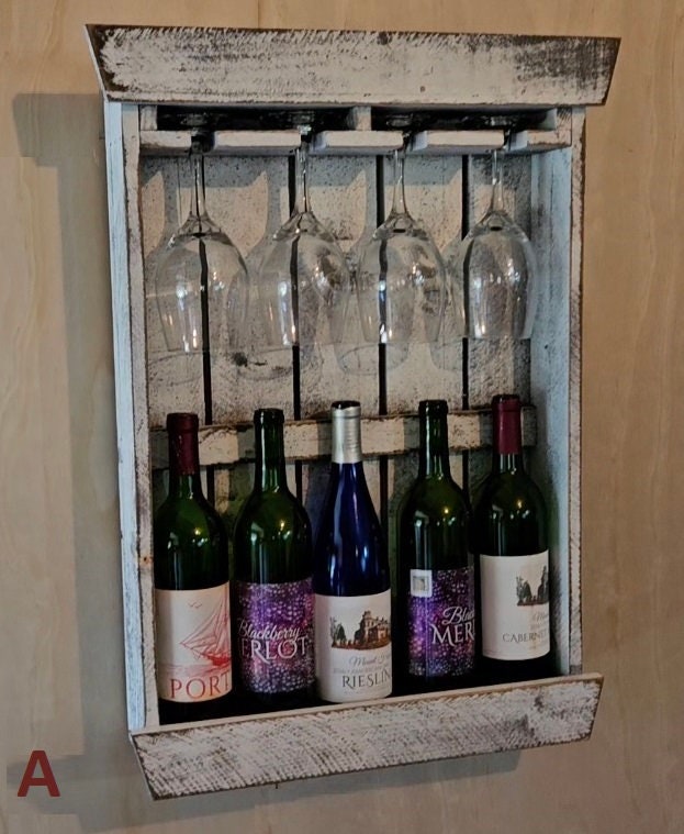 Rustic Wine Shelf - Wall Mounted - Amish Handmade Wine Holder - Wine Display With Glass Holder - Gifts - Bar Rack- Wooden Bottle Holder