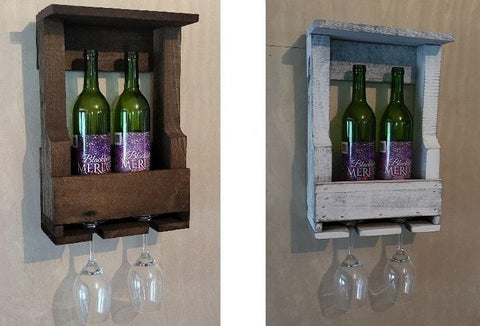 Rustic Wine Shelf - Wall Mounted -  Amish Handmade Wine Holder - Wine Display With Glass Holder - Gifts - Bar Rack- Wooden Bottle Holder