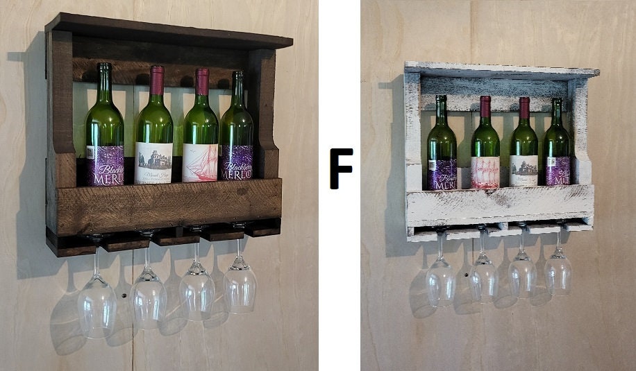 Rustic Wine Shelf - Wall Mounted - Amish Handmade Wine Holder - Wine Display With Glass Holder - Gifts - Bar Rack- Wooden Bottle Holder