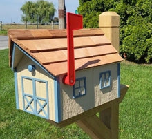 Load image into Gallery viewer, Amish Mailbox - Handmade - Wooden - Barn Style - Beige - With a Tall Prominent Sturdy Flag - With Cedar Shake Shingles Roof - 
