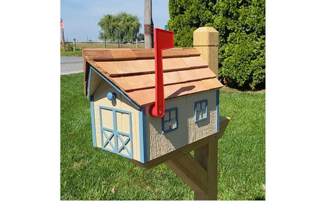 Amish Mailbox - Handmade - Wooden - Barn Style - Beige - With a Tall Prominent Sturdy Flag - With Cedar Shake Shingles Roof