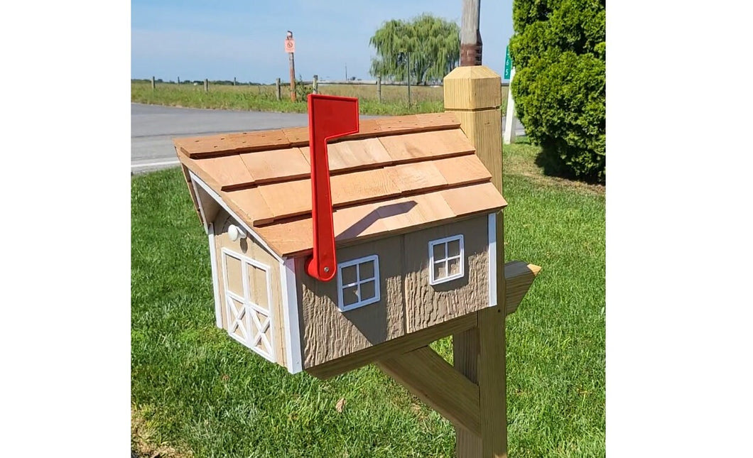 Mailbox - Amish Handmade - Wooden - Clay - Barn Style - With Tall Prominent Flag - With Cedar Shake Shingles Roof - Mailboxes - Outdoor - Barn Mailboxes Wood