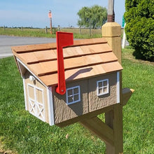 Load image into Gallery viewer, Handmade Mailbox - Wooden - Clay - Amish - Barn Style - Tall Prominent Flag - With Cedar Shake Shingles Roof - Large - Detailed - Mailbox - Barn Mailboxes Wood
