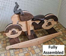 Load image into Gallery viewer, Motorcycle Rocker, Wooden Motorcycle, wooden toys, home décor, living room décor, primitive wooden motorcycle, handcrafted wooden toy, toddler gift, child gift, child rocking motorcycle
