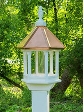 Load image into Gallery viewer, Handcrafted birdfeeder, copper birdfeeder, wooden bird feeder, barnwood birdhouse, unique birdfeeder, weather-resistant, wooden birdfeeder, poly birdfeeder, patina roof
