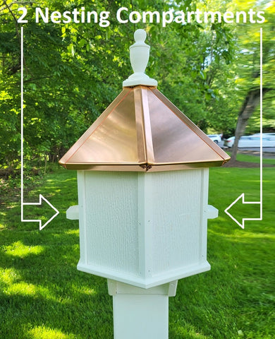 2 Nesting Compartments Amish Handmade Copper Roof Birdhouse With Individual Perches, Duplex 2 Holes Bluebird Songbird Bird House