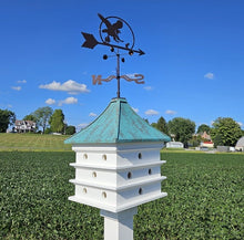 Load image into Gallery viewer, Purple Martin Birdhouse with Weathervane, Copper Roof, 18 Nesting Compartments, Large, Handmade for Bird Lovers, Wind Compass, Patina Top
