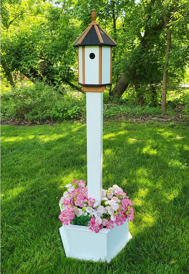 Birdhouse + Post & Planter Kit - White - Planter/Post Set- Amish Handmade - Bird Lovers - Flowers - Outdoor Décor