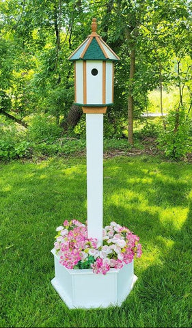 Birdhouse + Post & Planter Kit - White - Planter/Post Set- Amish Handmade - Bird Lovers - Flowers - Outdoor Décor