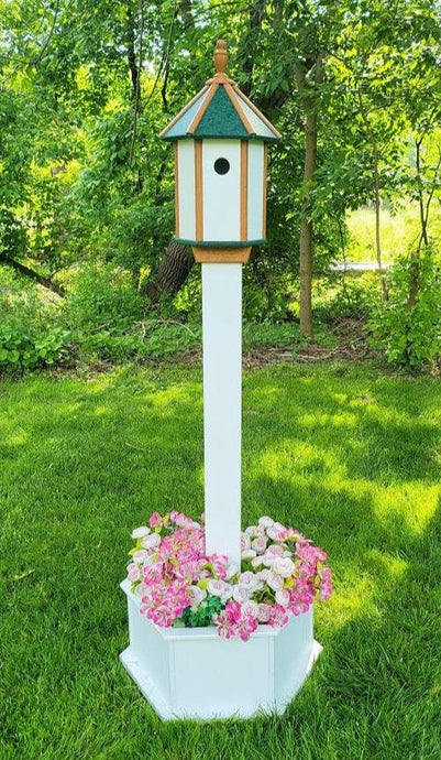 Amish Handmade, Birdhouse, planter kit, planter, poly planter, post + planter, bird lovers, bird shelter, rustic, poly lumber, post mount, 1 nesting compartment, Primitive birdhouse, feather friends