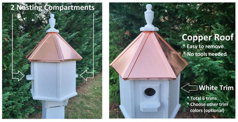 2 Nesting Compartments Amish Handmade Copper Roof Birdhouse With Individual Perches, Duplex 2 Holes Bluebird Songbird Bird House