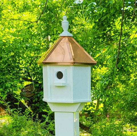 2 Nesting Compartments Amish Handmade Copper Roof Birdhouse With Individual Perches, Duplex 2 Holes Bluebird Songbird Bird House