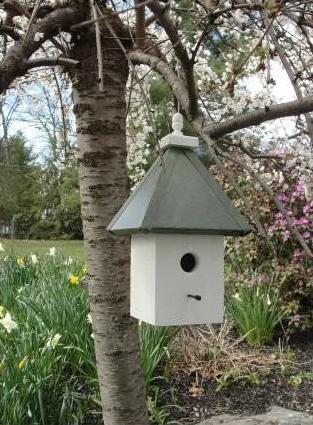 Bird House - 1 Nesting Compartment - Hanging - Handmade - Light Bird House - Faux Patina Aluminum Roof - Birdhouse Outdoor