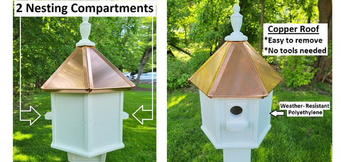 2 Nesting Compartments Amish Handmade Copper Roof Birdhouse With Individual Perches, Duplex 2 Holes Bluebird Songbird Bird House