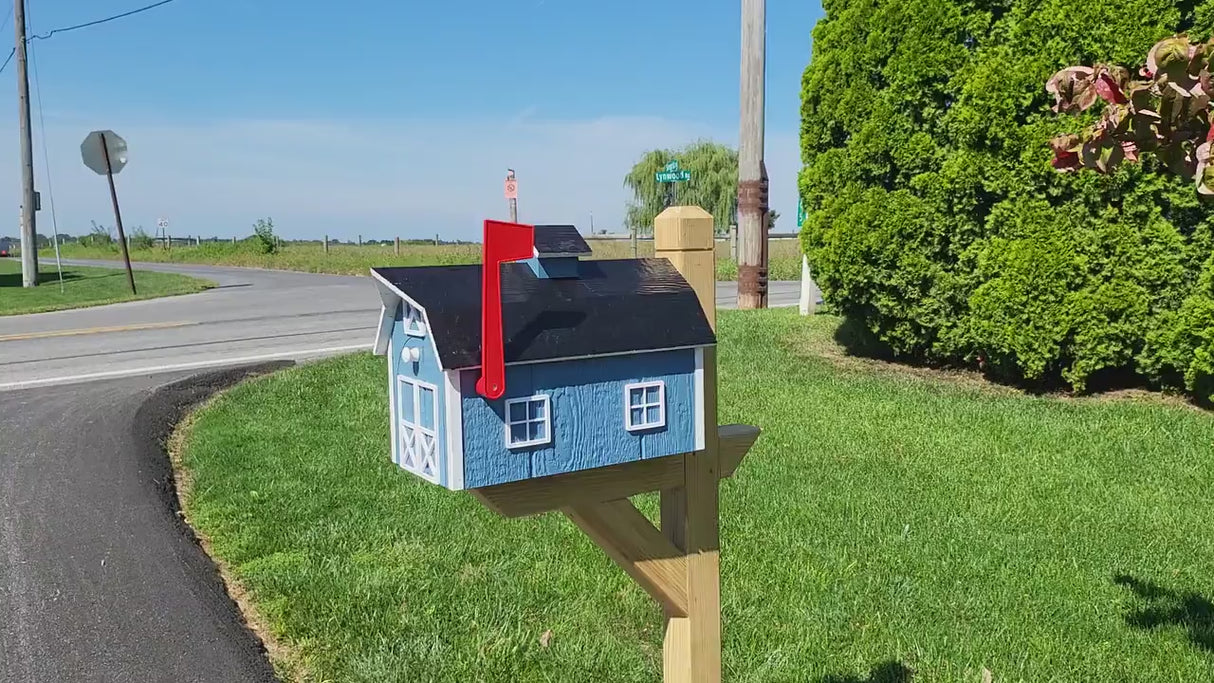 Dutch Barn Wood Mailbox Amish Made, Choose Your Color, Amish Mailbox With Red Flag, Black Roof