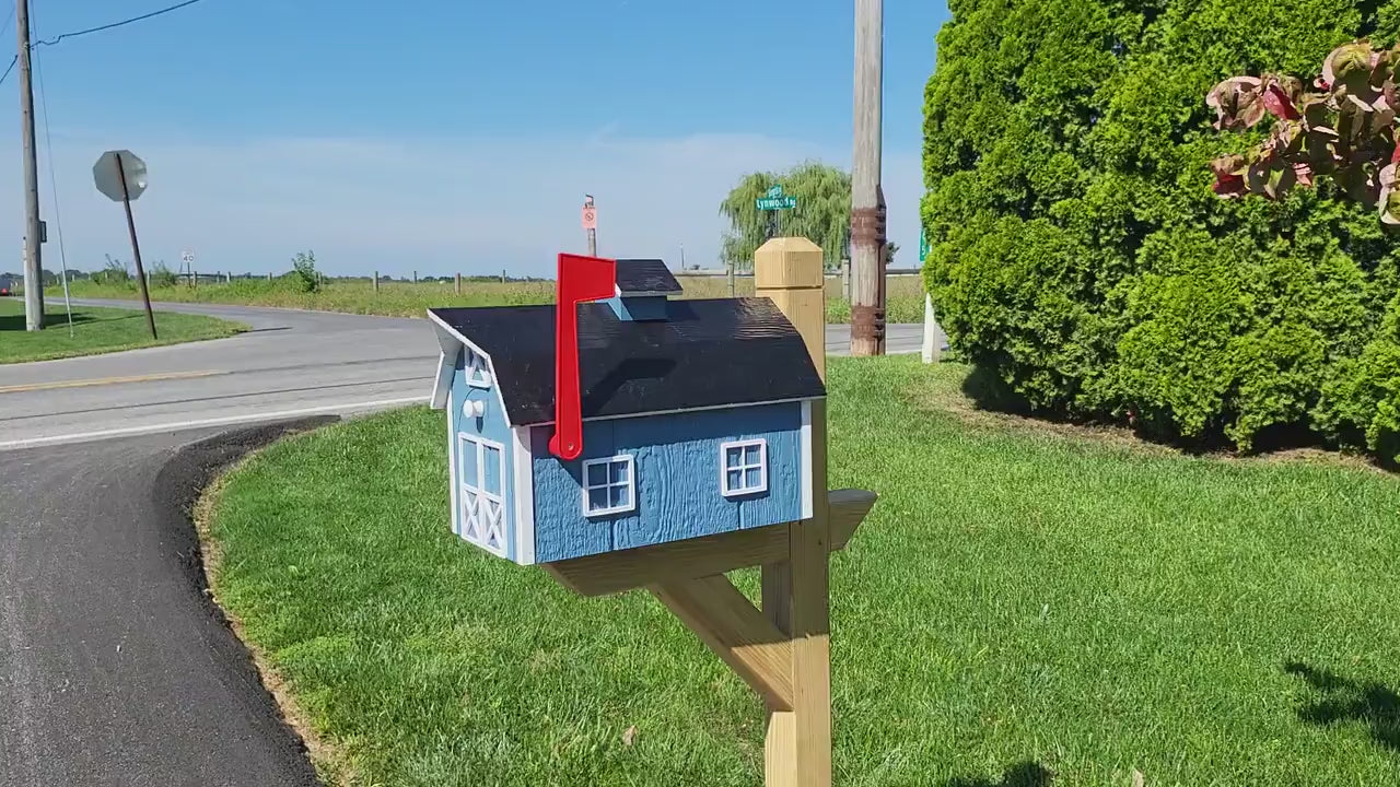 Dutch Barn Wood Mailbox Amish Made, Choose Your Color, Amish Mailbox With Red Flag, Black Roof