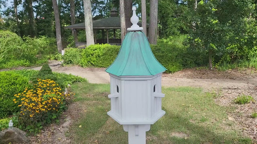 Patina Copper Roof Bird House Handmade, Large 6 Sided With 3 Nesting Compartments, Weather Resistant Birdhouses