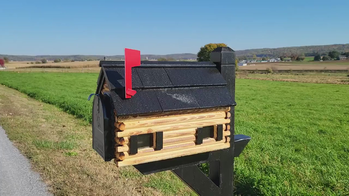 Log Cabin Mailbox Amish Handmade Wooden With Cedar Shake Roof with tall prominent sturdy flag and Metal Box Insert