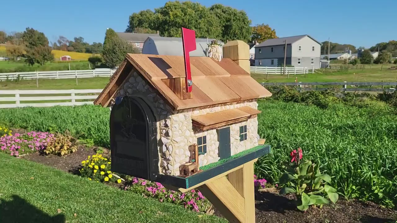 White Stone House Mailbox, Amish Made Wooden With Cedar Shake Roof and USPS Approved Metal Insert, Green Trim