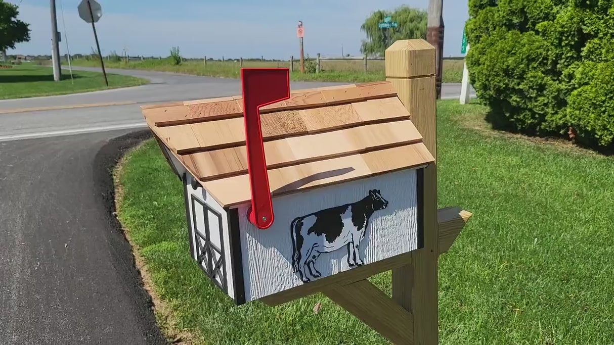 Cow Design Amish Mailbox, Handmade Barn Style Wooden Mailbox With Tall Prominent Sturdy Flag and Cedar Roof