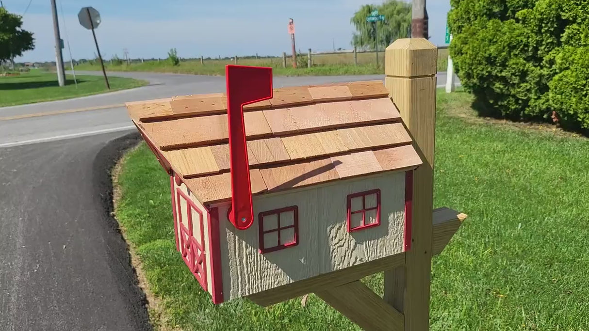 Amish Mailbox - Handmade -  Wooden - Beige - Barn Style - With a Tall Prominent Sturdy Flag - With Cedar Shake Shingles Roof