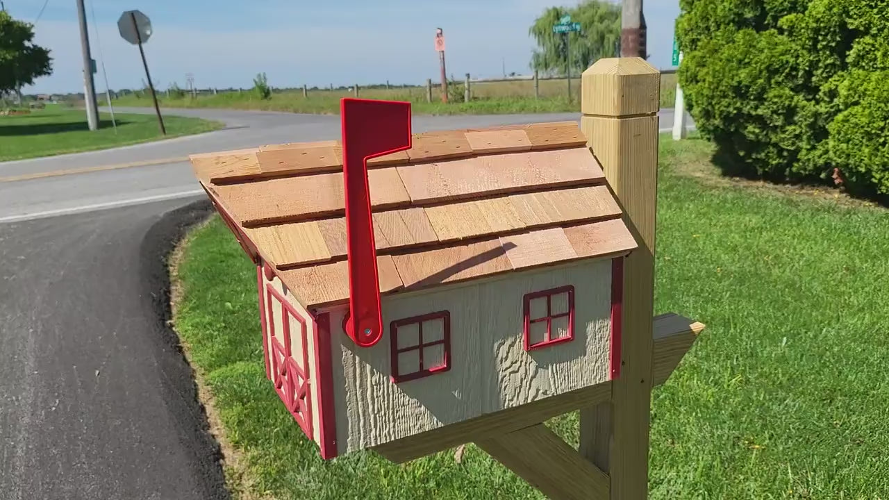 Amish Mailbox - Handmade -  Wooden - Beige - Barn Style - With a Tall Prominent Sturdy Flag - With Cedar Shake Shingles Roof