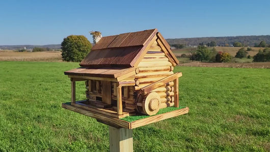 Log Cabin Bird Feeder, Amish Handmade, Waterwheel Decoration, Stone Chimney